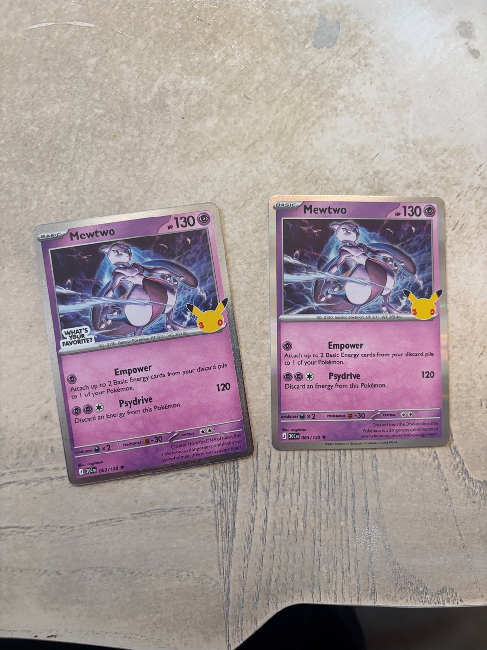 Pokemon Mewtwo Pink Psychic Holo Trading Card with Pikachu Icon